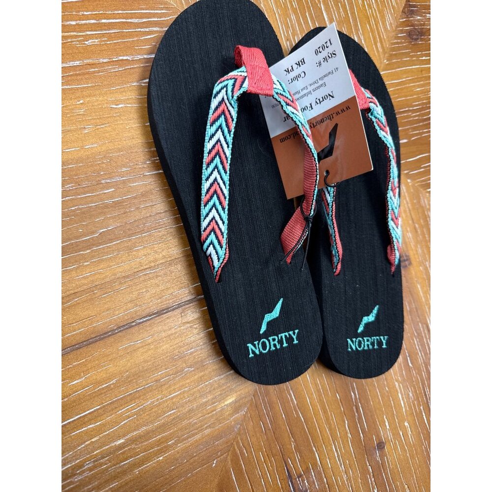 Norty Womens Black Chevron Flip Flop Sandals Size 6 With Red & Aqua Straps - Picture 5 of 8